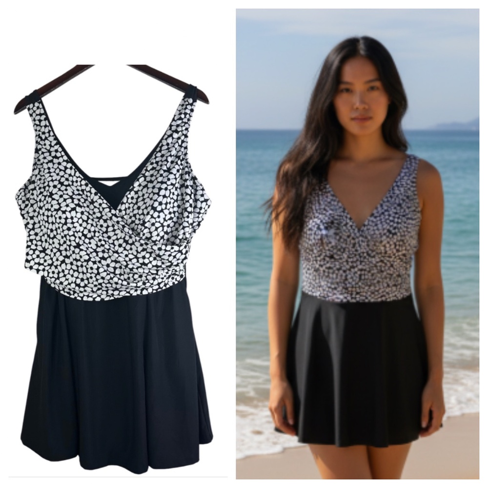 It Figures 24W 3X Swimdress Swimsuit Black White Floral Slimming Cruise Beach